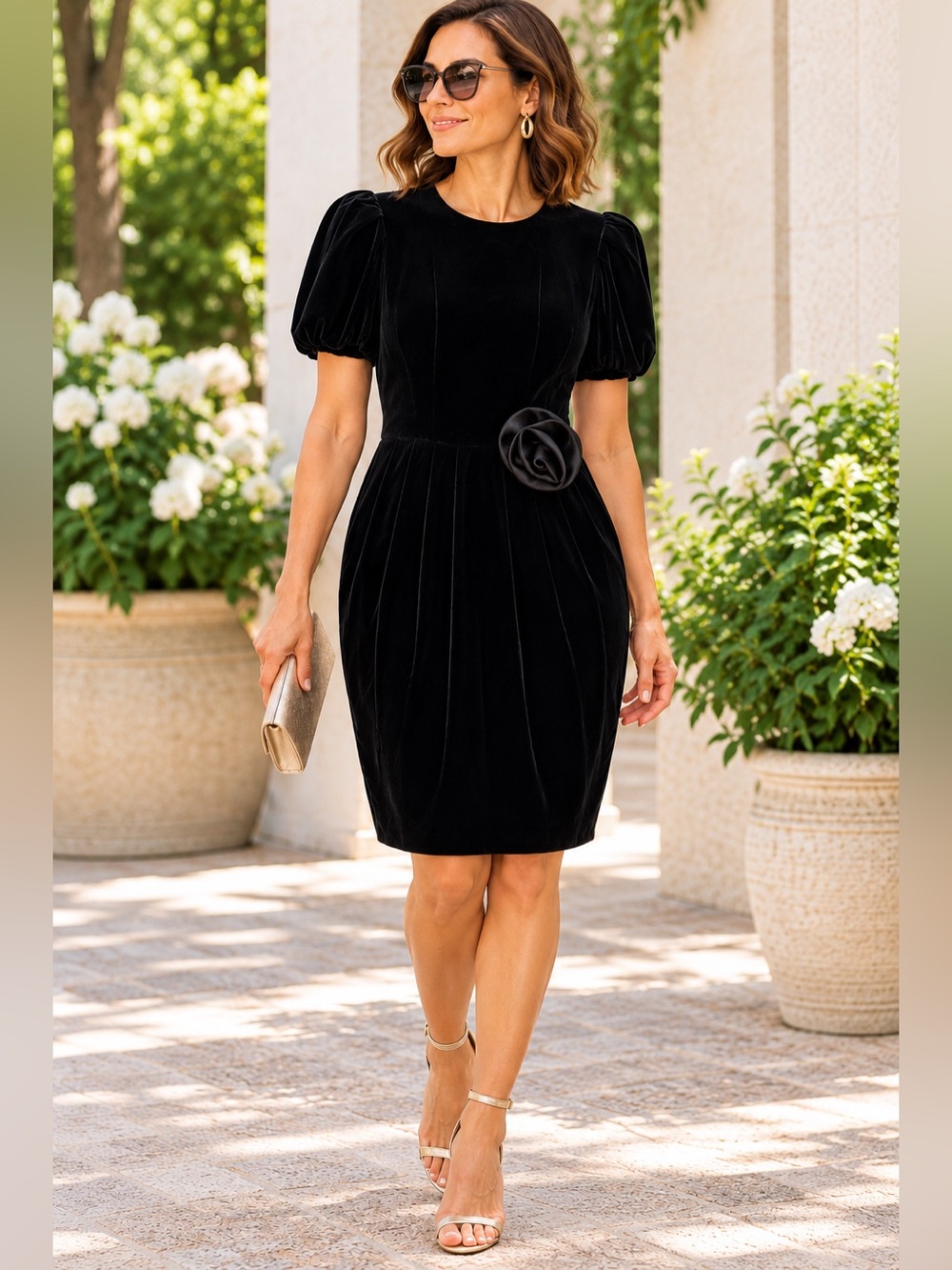 Neiman Marcus Black Velvet Silk Blend Puff Sleeve Rosette Dress Size 4 NWOT